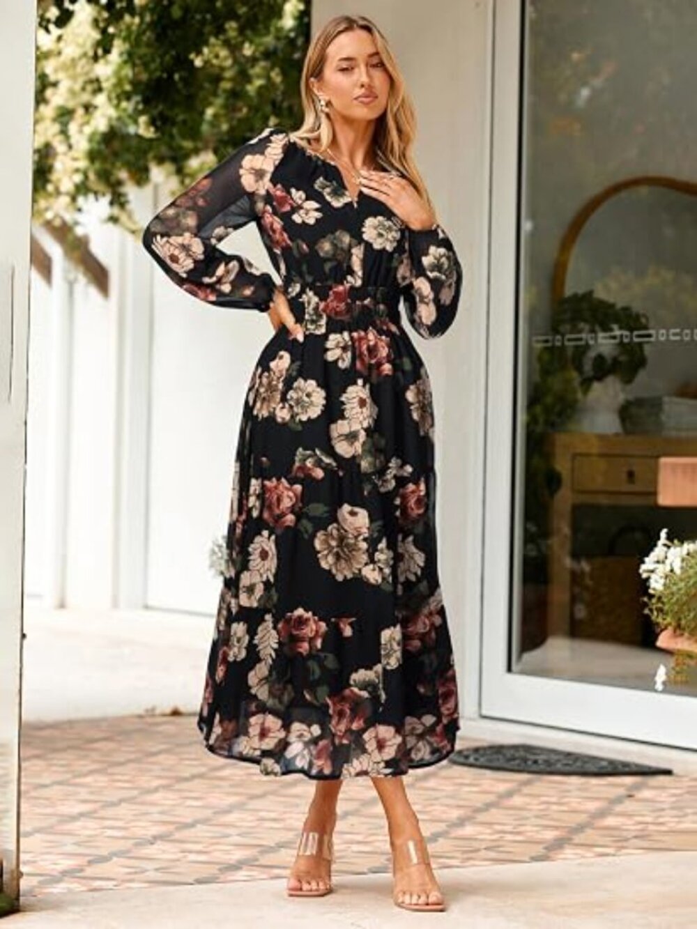 Women's Floral Boho Long Sleeve Maxi Dress V Neck Empire Waist Swing Flowy Weddi - Picture 2 of 4